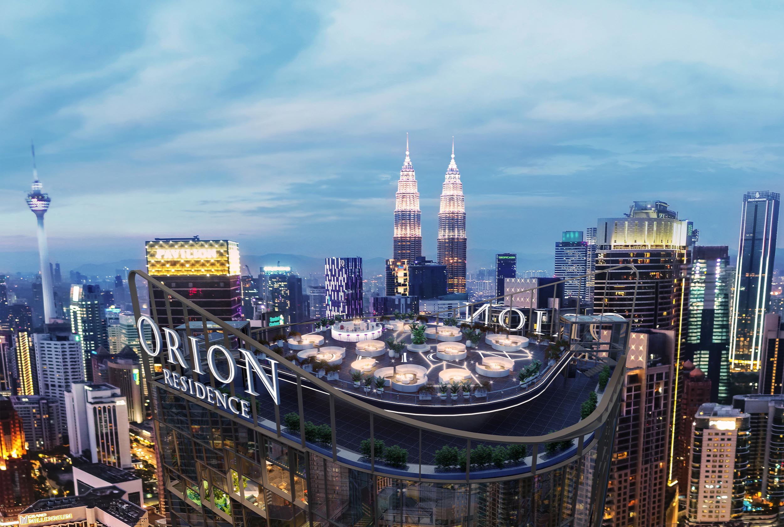 Orion Residence rooftop facility with Kuala Lumpur skyline