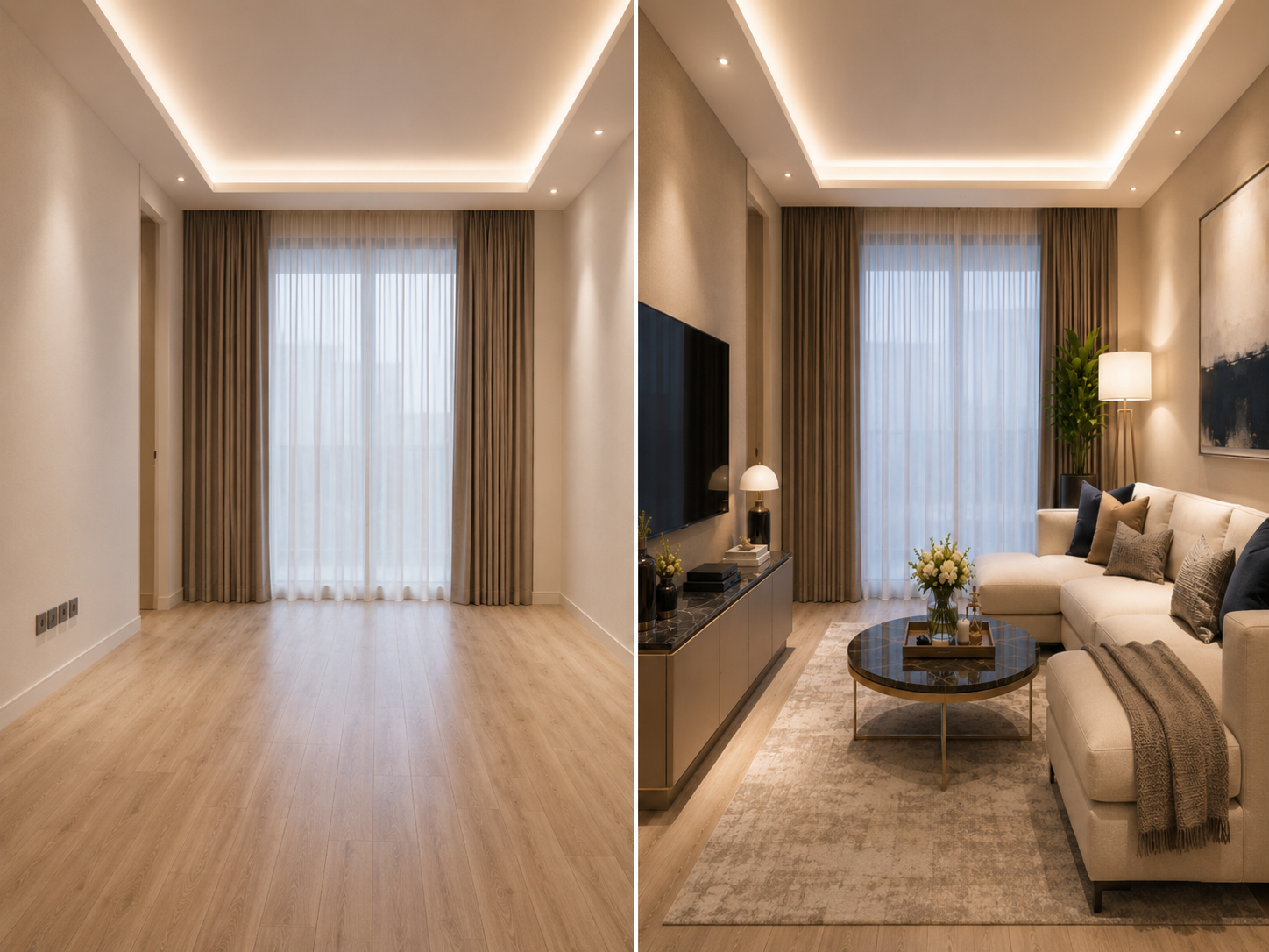 Ready-to-rent living area before and after setup